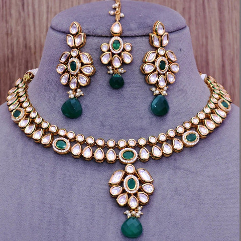 Designer Gold Plated Royal Kundan & Emerald Necklace with Earrings (D655) - Depricate