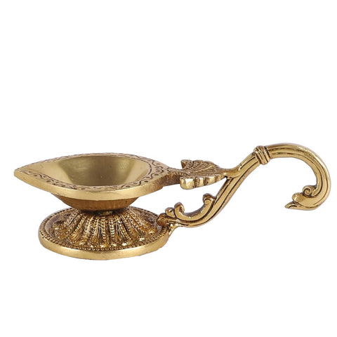 Ethnic Handcarved Brass Diya with Curved Handle, Brass Indian Diya Lamp, Brass Decorative Diya, Handmade Lamp, Brass Diya for Home Temple(Design 74)