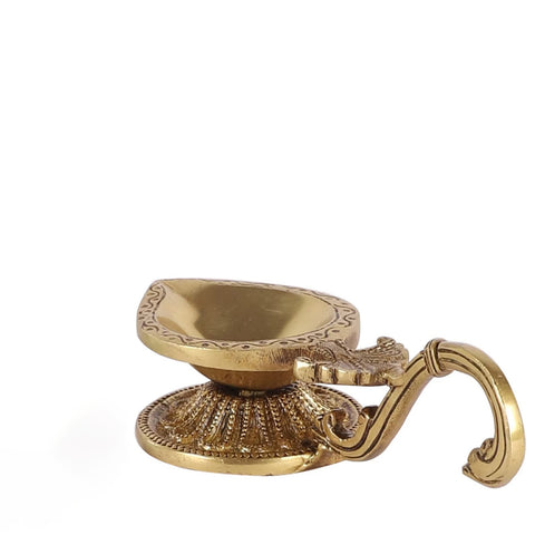 Ethnic Handcarved Brass Diya with Curved Handle, Brass Indian Diya Lamp, Brass Decorative Diya, Handmade Lamp, Brass Diya for Home Temple(Design 74)