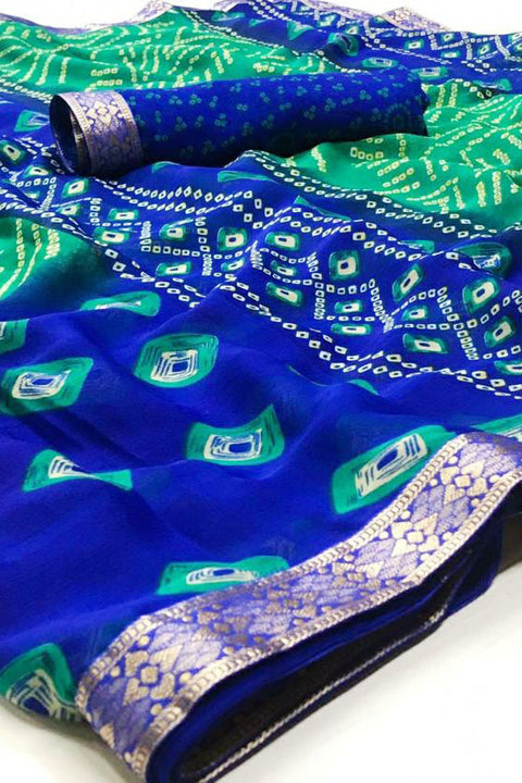 Designer Chiffon Bandhej Green And Blue With Gotta Patti Saree - PAAIE