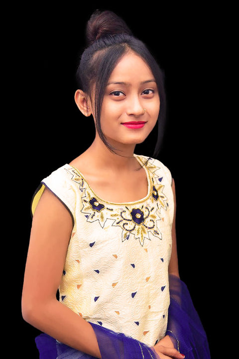 Girls' White Blue Embroidery and Thread work Kurti and Sharara With Dupatta - PAAIE
