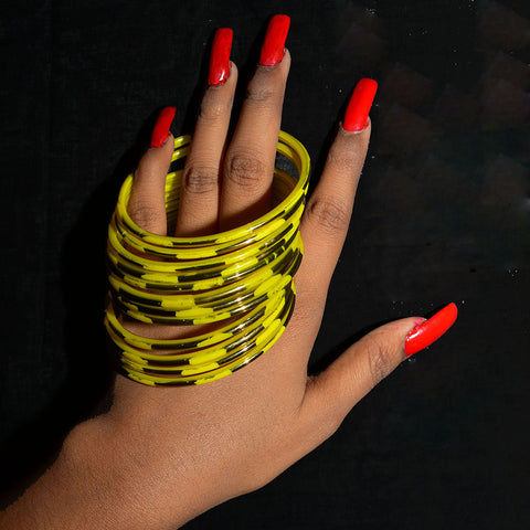 Outstanding Glass Bangles Set in Yellow & Gold Lines for Girls & Women (Design 58) - PAAIE