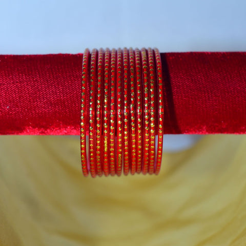 Adorable Glass Bangles Set in Red & Gold Dots for Girls & Women (Design 11) - PAAIE