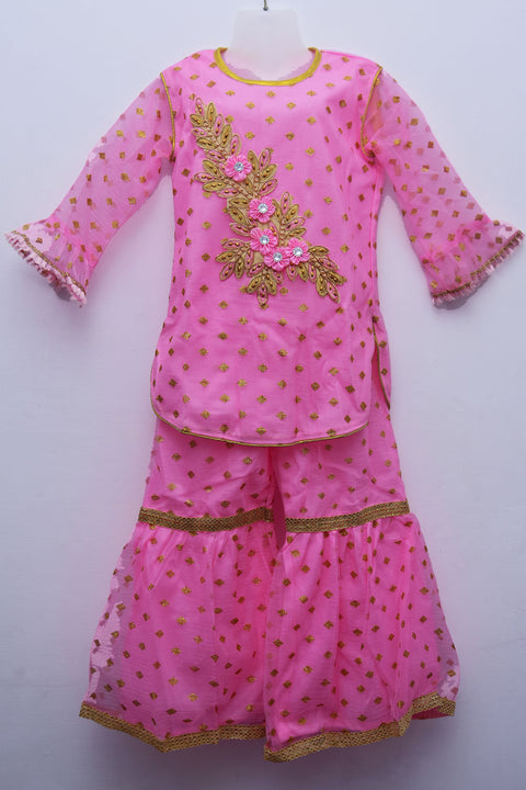 Girls' Pink Kurti and Sharara with Embroidery Work - PAAIE