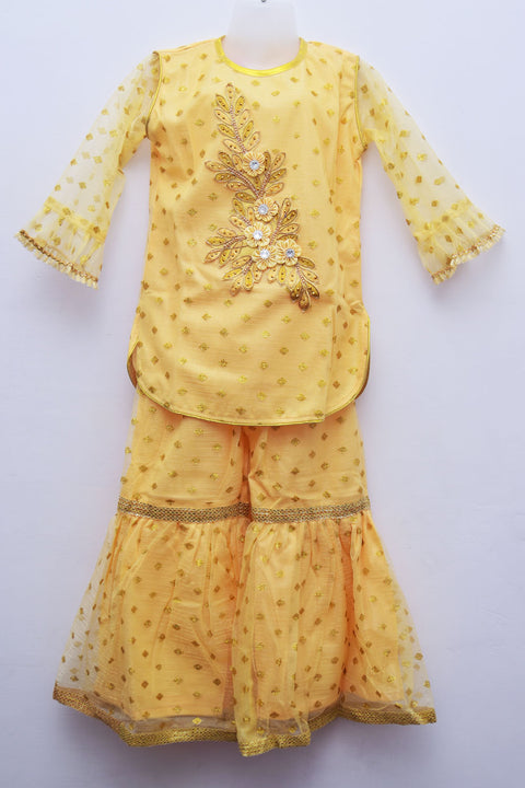 Girls' Golden Kurti and Sharara with Embroidery Work - PAAIE