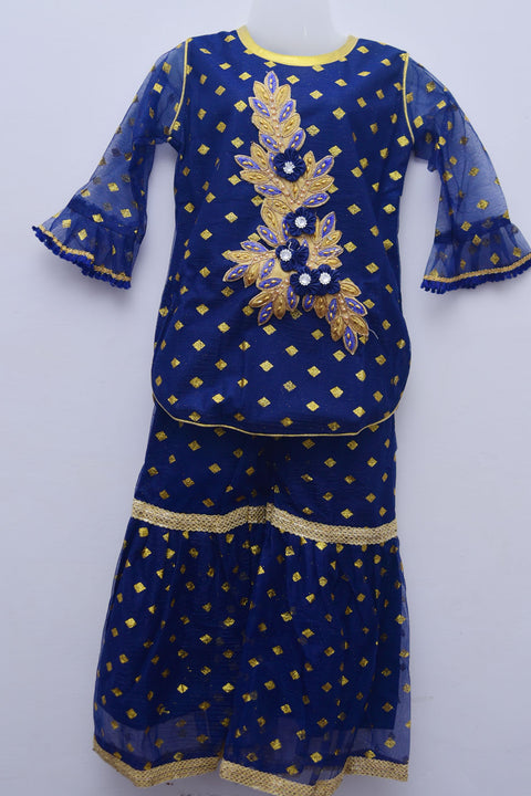 Girls' Navy Blue Kurti and Sharara with Embroidery Work - PAAIE