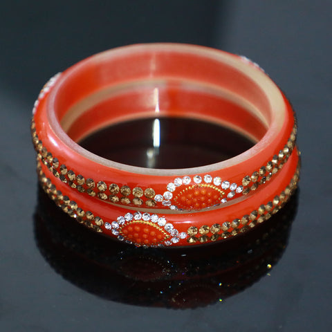Vibrant Orange Glass Bangles Set with Stone Work for Girls & Women (Design 20) - PAAIE