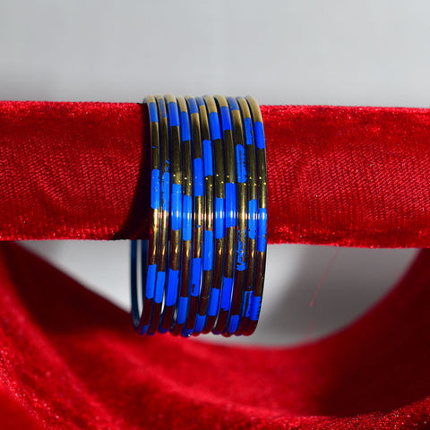 Fantastic Glass Bangles Set in Blue & Gold Lines for Girls & Women (Design 37) - PAAIE