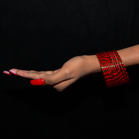 Festive Glass Bangles Set in Red & Gold Lines for Girls & Women (Design 34) - PAAIE