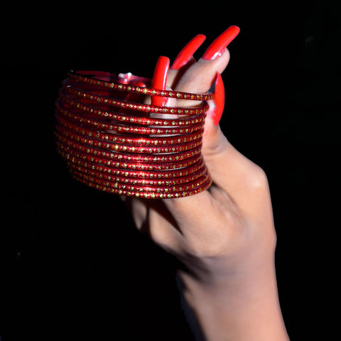 Magnetic Glass Bangles Set in Red & Gold Dots for Girls & Women (Design 33) - PAAIE