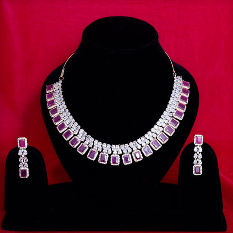 Pink Stone Silver American Diamond Contemporary Necklace with Earrings (D79) - PAAIE