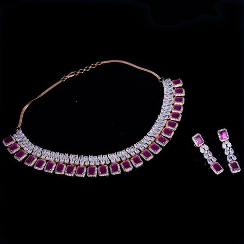 Pink Stone Silver American Diamond Contemporary Necklace with Earrings (D79) - PAAIE