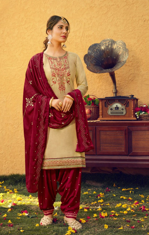 Silk Cotton Suit With Patiala Salwar and Fancy Dupatta in Beige (K40) - PAAIE