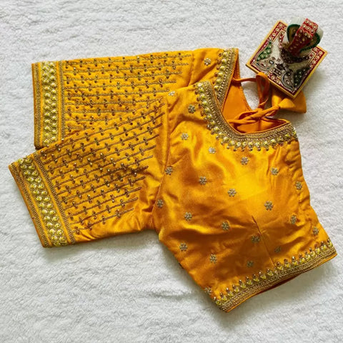 Designer Yellow Color Silk Embroidered Blouse For Wedding & Party Wear (Design 1214)