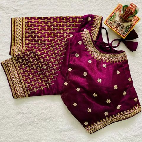 Designer Purple Color Silk Embroidered Blouse For Wedding & Party Wear (Design 1216)