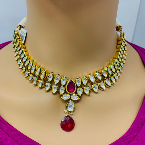 Designer Gold Plated  Royal Kundan & Ruby Necklace with Earrings (D366)
