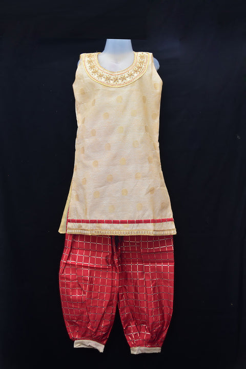 Girls' Cream Red Kurti and Sharara with Embroidery Work - PAAIE