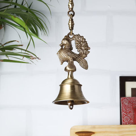 Vintage Brass Temple Bell with Peacock On Chain, Indian Decor Entrance, Chain for Home Temple, Hallway, Porch Or Balcony (Design 33)