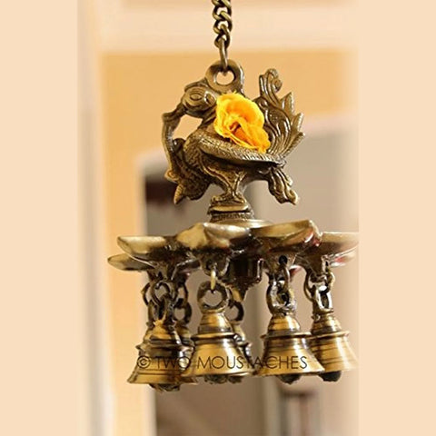Peacock Design Brass Hanging Diya with Bells Handmade Lamp (Design 7)