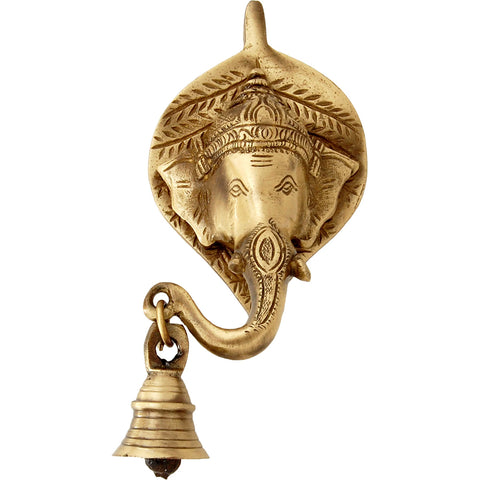 Ganesha Wall Decor, Ganesha Face Brass Wall Hanging with Bell, Ganesha Wall Sculpture (Design 27)