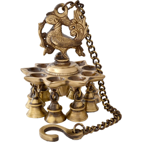 Peacock Design Brass Hanging Diya with Bells Handmade Lamp (Design 7)