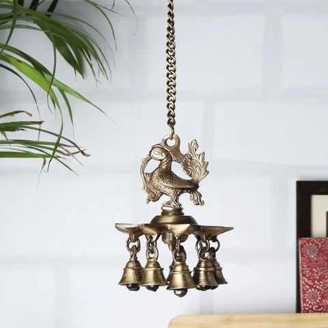 Peacock Design Brass Hanging Diya with Bells Handmade Lamp (Design 7)