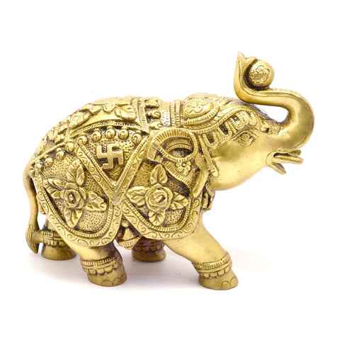 Elephant with Om and Swastika Carving Brass Decor Showpiece, Brass Handicrafts,Indian Decorations, Indian Houseware (Design 21)
