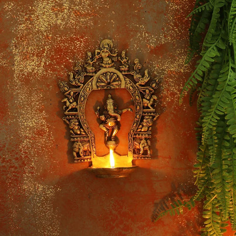 Brass Wall Hanging Diya, Ethnic Indian Carving Brass Dancing Ganesha Diya with Prabhavali Frame, Indian Home Decor, Ganesha Hanging Diya (Design 17)