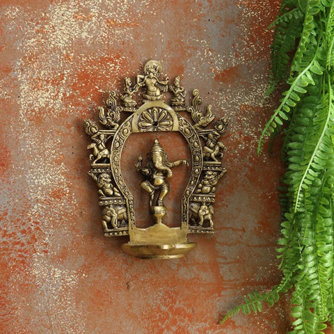 Brass Wall Hanging Diya, Ethnic Indian Carving Brass Dancing Ganesha Diya with Prabhavali Frame, Indian Home Decor, Ganesha Hanging Diya (Design 17)