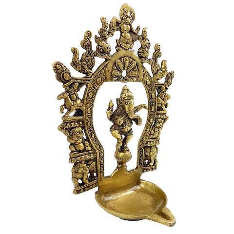 Brass Wall Hanging Diya, Ethnic Indian Carving Brass Dancing Ganesha Diya with Prabhavali Frame, Indian Home Decor, Ganesha Hanging Diya (Design 17)