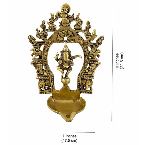 Brass Wall Hanging Diya, Ethnic Indian Carving Brass Dancing Ganesha Diya with Prabhavali Frame, Indian Home Decor, Ganesha Hanging Diya (Design 17)