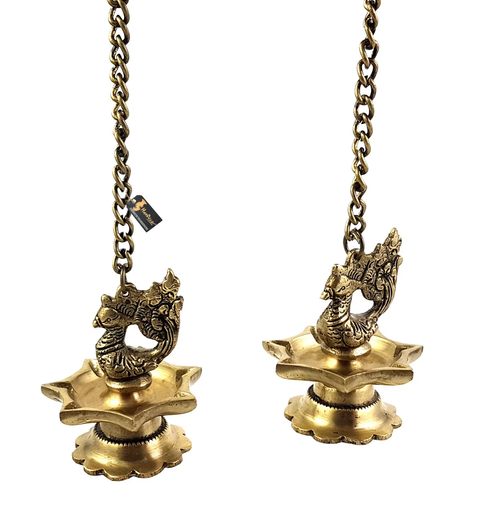 Brass Peacock Carved Hanging Diya Set, Brass Indian Diya Lamp, Brass Decorative Diya (Design 22)