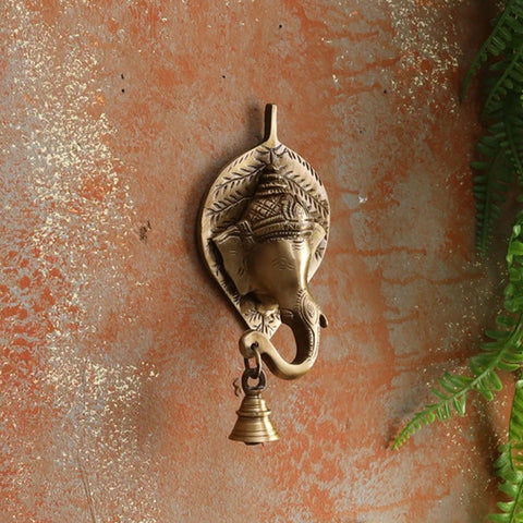 Ganesha Wall Decor, Ganesha Face Brass Wall Hanging with Bell, Ganesha Wall Sculpture (Design 27)
