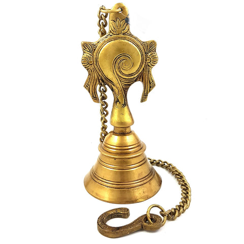 Shankh Chakra Design Brass Hanging Bell, Chain for Home Temple, Door, Hallway, Porch Or Balcony; Ethnic Decor Gift Chain (Design 10)