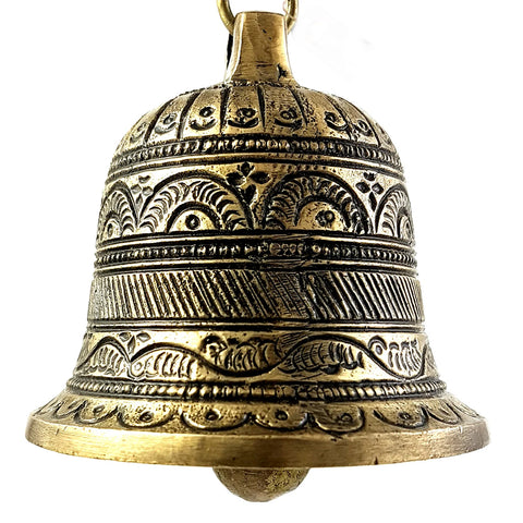 Brass Hanging Bell with Chain, Chain for Home Temple, Door, Hallway, Porch Or Balcony; Unique Decor Gift Chain Length 24 inches (Design 15)