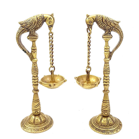 Parrot Design Diya 7.5 Inches Brass Hanging Oil Wick Diya Pair (Pack of 2), Oil Diya Lamp, Handmade Lamp, Parrot Brass Diya for Home Temple (Design 18)