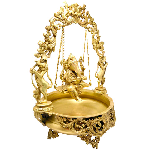 Brass Urli Ganesha, Brass Urli Bowl Large, Brass Ethnic Design Swing Ganesha Brass Urli Showpiece, Brass Statue for Corner Table (Design 9)