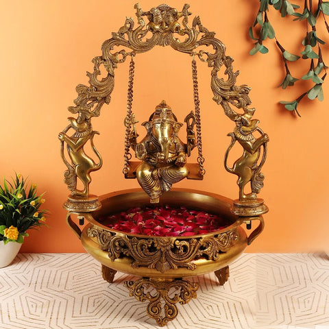 Brass Urli Ganesha, Brass Urli Bowl Large, Brass Ethnic Design Swing Ganesha Brass Urli Showpiece, Brass Statue for Corner Table (Design 9)