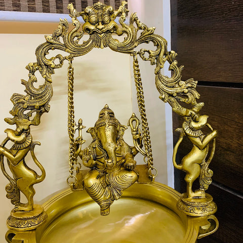 Brass Urli Ganesha, Brass Urli Bowl Large, Brass Ethnic Design Swing Ganesha Brass Urli Showpiece, Brass Statue for Corner Table (Design 9)