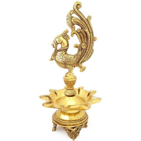 Peacock Design 9 Oil Wick Brass Diya 11 Inches, Home Decor, Brass Oil Diya Lamp, Handmade Lamp, Indian Decor Diya (Design 29)