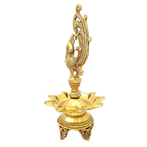 Peacock Design 9 Oil Wick Brass Diya 11 Inches, Home Decor, Brass Oil Diya Lamp, Handmade Lamp, Indian Decor Diya (Design 29)