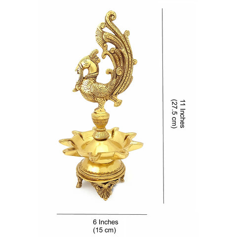Peacock Design 9 Oil Wick Brass Diya 11 Inches, Home Decor, Brass Oil Diya Lamp, Handmade Lamp, Indian Decor Diya (Design 29)
