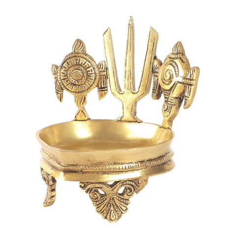 Shankh Chakra Namah Design Brass Diya Over Carved stand, Brass Diya for Temple, Decorative Diyas for Home (Design 2)