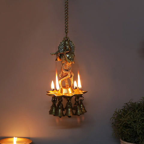 Brass Krishna Hanging Diya, Indian Decor Diya, Pooja Decor, Brass Oil Lamp (Design 1)