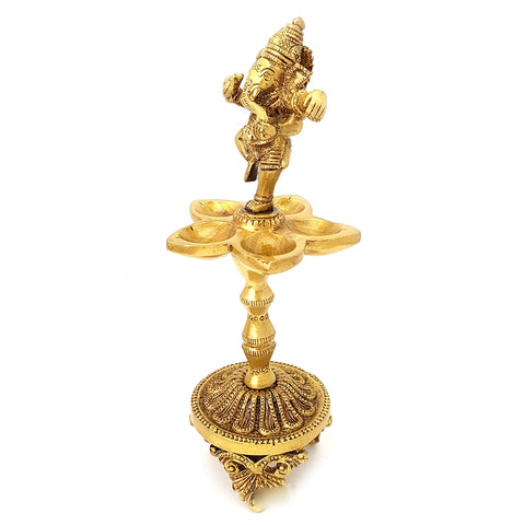 Dancing Ganesha Over Ethnic Stand Five Oil Wick Brass Diya, Indian Decor Diya, Brass Oil Lamp, Diya for Home Decor, Indian Homeware (Design 24)