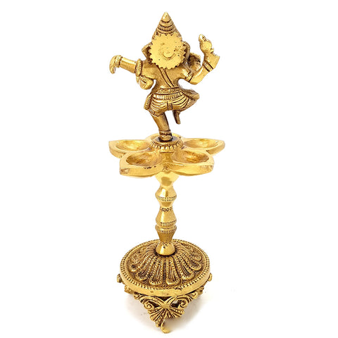 Dancing Ganesha Over Ethnic Stand Five Oil Wick Brass Diya, Indian Decor Diya, Brass Oil Lamp, Diya for Home Decor, Indian Homeware (Design 24)