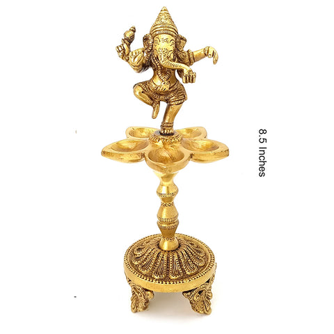 Dancing Ganesha Over Ethnic Stand Five Oil Wick Brass Diya, Indian Decor Diya, Brass Oil Lamp, Diya for Home Decor, Indian Homeware (Design 24)