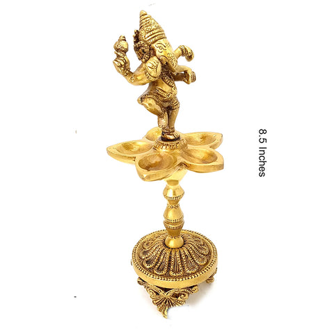 Dancing Ganesha Over Ethnic Stand Five Oil Wick Brass Diya, Indian Decor Diya, Brass Oil Lamp, Diya for Home Decor, Indian Homeware (Design 24)