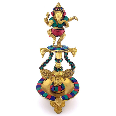 Dancing Ganesha Brass Oil Diya with Base, Gemstone Finished, Home Decor, Brass Oil Diya Lamp, Handmade Lamp, Indian Diya (Design 25)