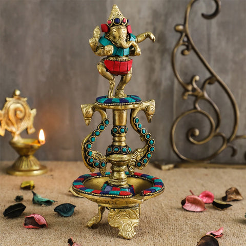 Dancing Ganesha Brass Oil Diya with Base, Gemstone Finished, Home Decor, Brass Oil Diya Lamp, Handmade Lamp, Indian Diya (Design 25)